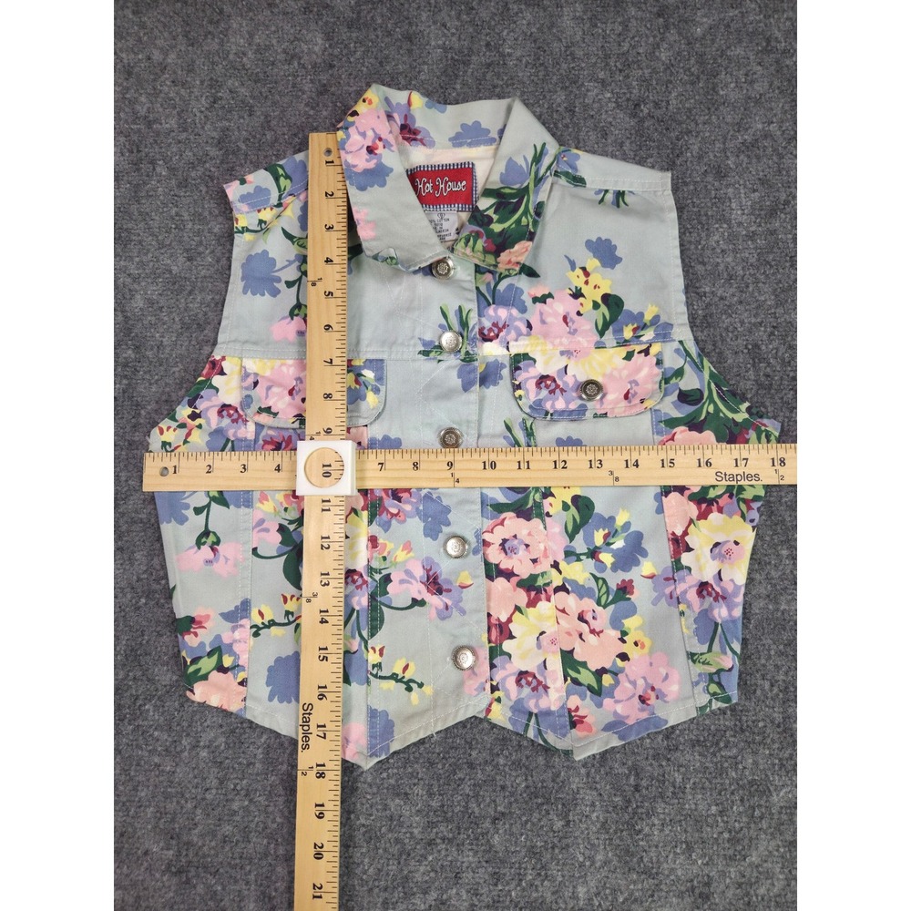 Vintage Hot House Floral Denim Vest Womens Small Green Pink 90s Cropped Cotton - Picture 3 of 8